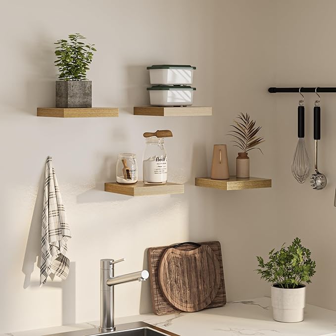 Square Floating Shelves for Wall, 10" W x 10" D x 1.2" H, Small Wooden Wall Mounted Display Shelves with Invisible Brackets for Living Room, Bedroom, Bathroom, Kitchen Decor, Set of 4, Oak-Ruum Studio Home