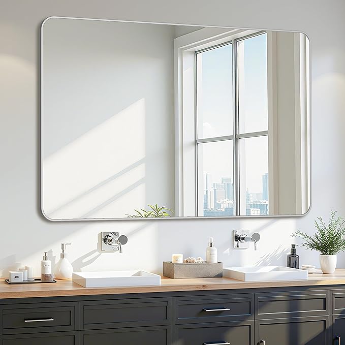 Bathroom Mirror 55" x 36", Large Rectangle Wall Mirror, Silver Metal Frame Wall Mounted Mirrors for Bathroom, Vanity, Bedroom, Entryway Decor(Horizontal/Vertical)-Ruum Studio Home