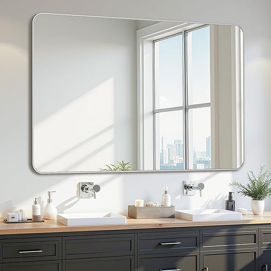 Bathroom Mirror 55" x 36", Large Rectangle Wall Mirror, Silver Metal Frame Wall Mounted Mirrors for Bathroom, Vanity, Bedroom, Entryway Decor(Horizontal/Vertical)-Ruum Studio Home