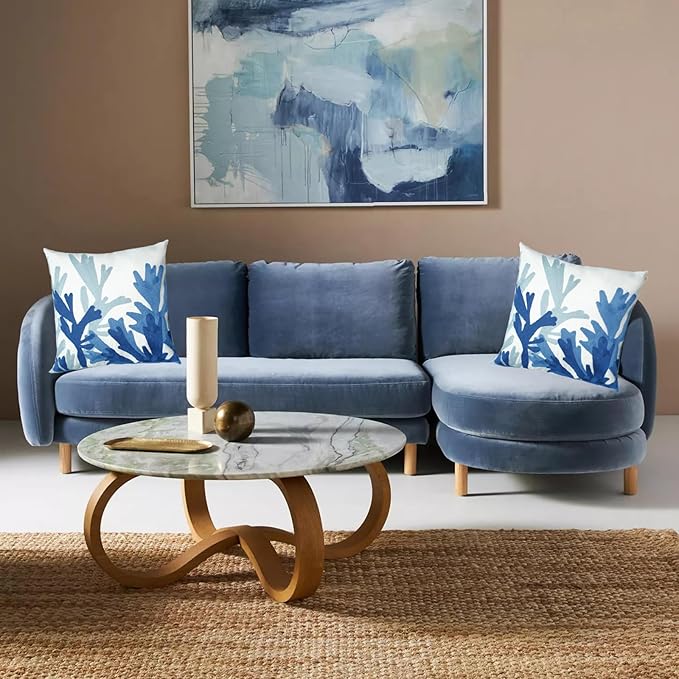 Embroidered Decorative Throw Pillow Cover, 18"x18" Set of 2, Farmhouse Pillowcase Blue Corals Knit Pattern Cotton Canvas Cushion Case Square Floral Pillow Case for Sofa Couch Bed Living Room-Ruum Studio Home