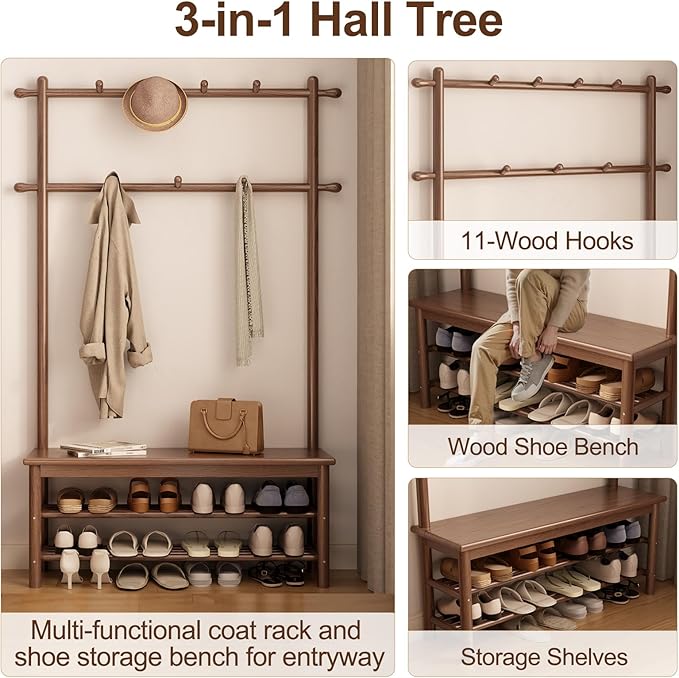 Coat Rack with Shoe Storage, Wooden Hall Tree with Bench, 11 Hooks and 2-Tier Storage Shelves, 3-in-1, Entryway Bench with Coat Rack (39.3"-Walnut)-Ruum Studio Home