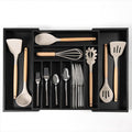 Premium Silverware, Flatware and Utensil Organizer for Kitchen Drawers, Food-Safe Contract Grade, Expandable from 14.5 to 25 In, Black Bamboo-Ruum Studio Home