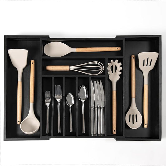 Premium Silverware, Flatware and Utensil Organizer for Kitchen Drawers, Food-Safe Contract Grade, Expandable from 14.5 to 25 In, Black Bamboo-Ruum Studio Home