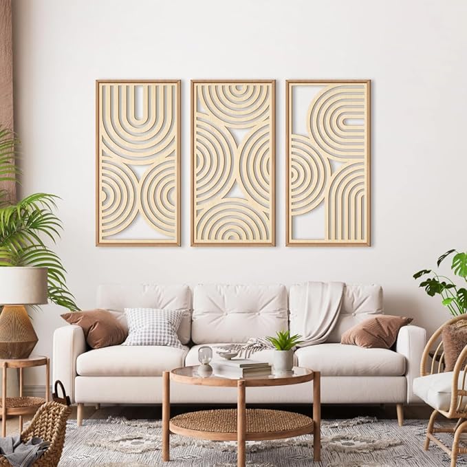 IARTTOP Large Boho Wood Wall Art Set of 3 Framed Wooden Mid-century Modern Wall Decor Minimalist Modern Abstract Geometric Decor for Living Room Bedroom Office-16x32 Inch-Ruum Studio Home