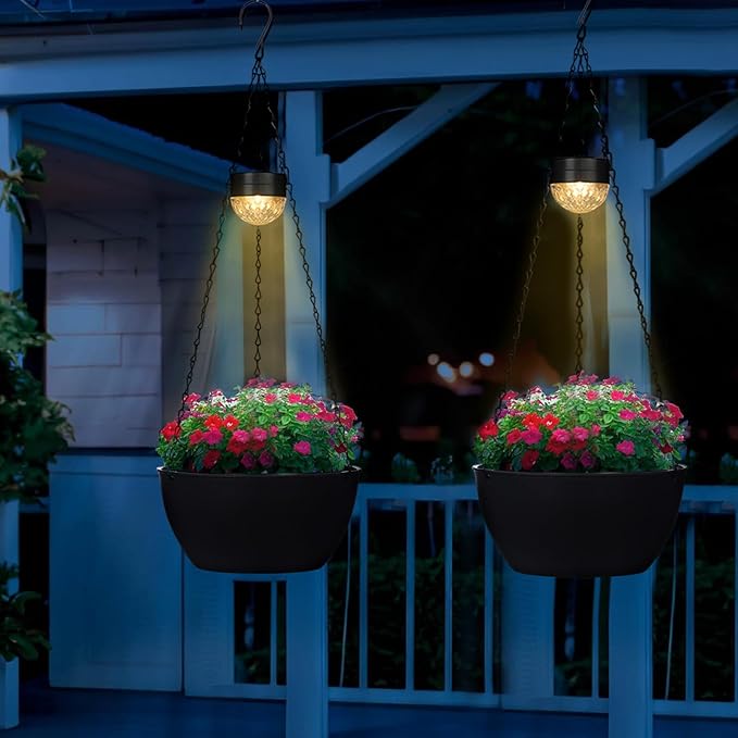 2 Packs Hanging Planters Basket for Outdoor Plants, Solar Powered Self Watering Black Round Plastic Flower Pots with Drainer for Balcony Patio Garden Outdoor Decoration-Ruum Studio Home