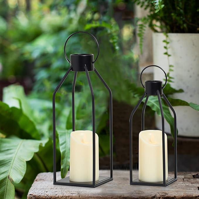 HPC Decor Modern Farmhouse Lanterrn Decor- Black Metal Candle for Summer Night- Lanterns w/Timer Flickering Candles for Living Room,Home,Indoor, Outdoor,Table,Fireplace Mantle Décor-Ruum Studio Home