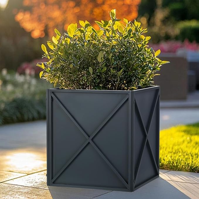 BAYN Metal Square Planter Box Tall Planters for Outdoor Plants Modern Heavy Duty with Drainage Holes for Outside Indoor Patio Deck - Grey, 17”x 17”x 18”-Ruum Studio Home