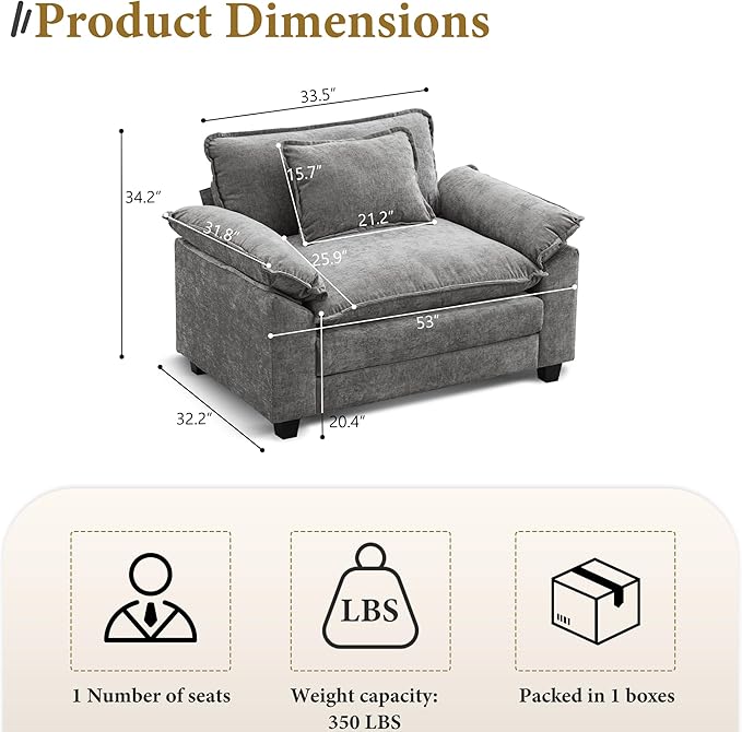 URRED Modular Sectional Sofa Comfy Cloud Couch, Modern Chenille Sofa Sleeper Deep Seat Couches with Ottoman/Pillows for Living Room (Gray, 53'')-Ruum Studio Home