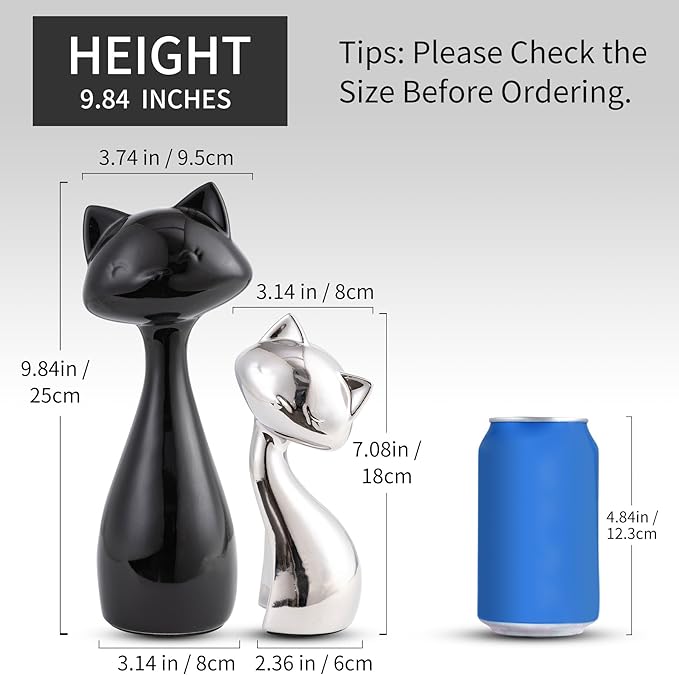 Ceramic Cat Statue Set, Black & Silver Cute Home Decor Figurines, Lucky Cats Desk Accessories for Cat Lovers, Memorial Cats Themed, Modern Collectible Decor for Bookshelf, Living Room-Ruum Studio Home