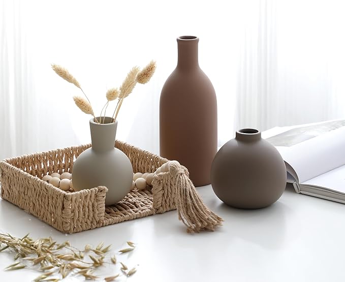 Ceramic Vase Set of 3, Vases Home Decor Rustic Farmhouse Decorative Vase Pottery Vases for Bouquet Pampas Grass Dried Fresh Flowers, Table Living Room Kitchen Bedroom Bathroom - Brown-Ruum Studio Home