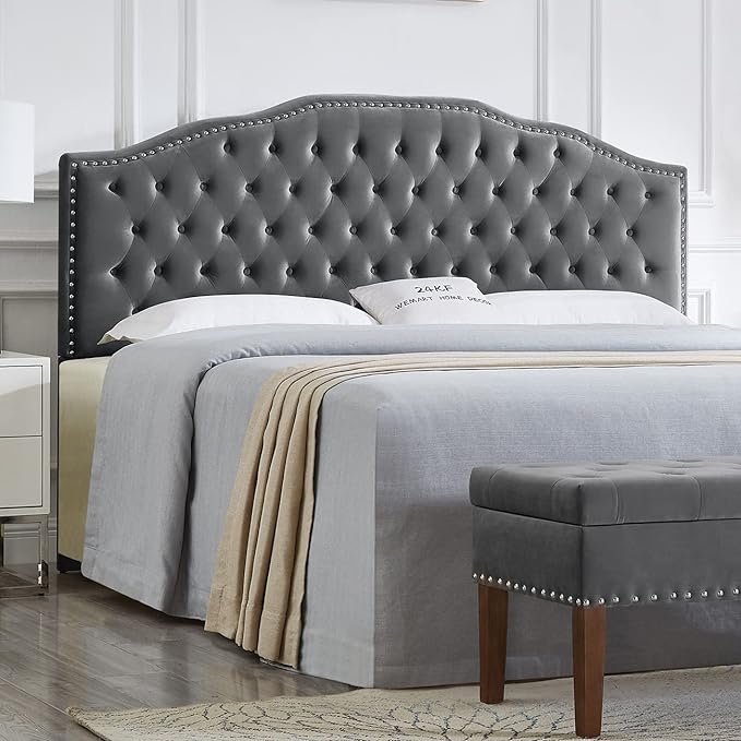 24KF Upholstered Button Tufted King Size Headboard with Nailhead Trim, Soft Velvet Fabric Headboard King/Cal King Size -Dark Gray-Ruum Studio Home