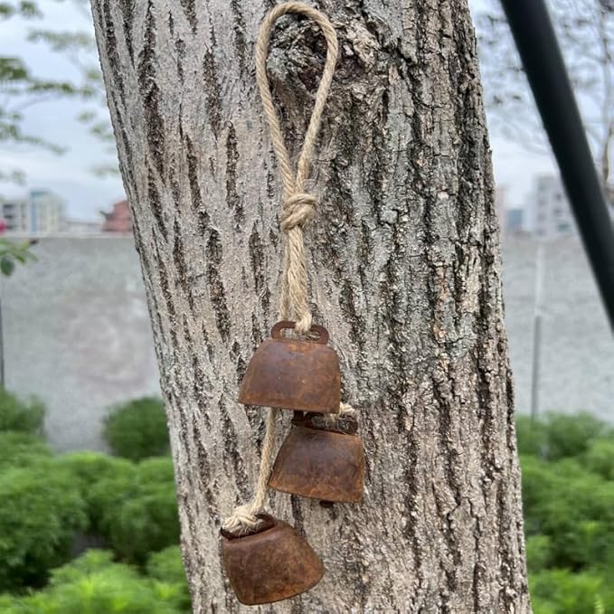 2pc Rustic Charm Bell - Handmade Hemp Rope Wind Chimes Hanging Decoration, Distressed Finish Cow Bell with Jute Hanging Rope, Perfect for Front Door, Outdoor, Window, and Home Decor,-Ruum Studio Home