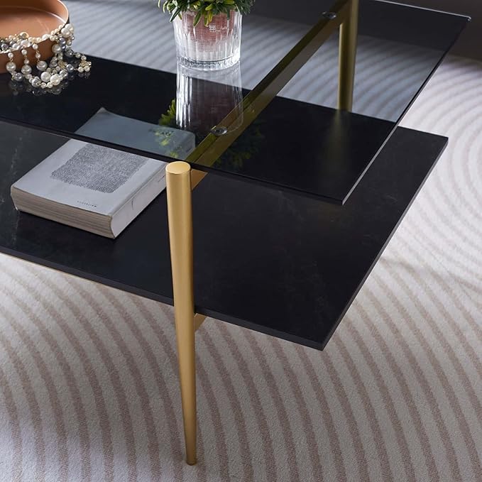 Rectangle Coffee Table for Living Room, Mid-Century Modern Design, L41 x W21 x H17, 2-Tier Structure, Clear Glass Top and Black Marble Wood Shelf, Conical Metal Legs with Gold Finish-Ruum Studio Home