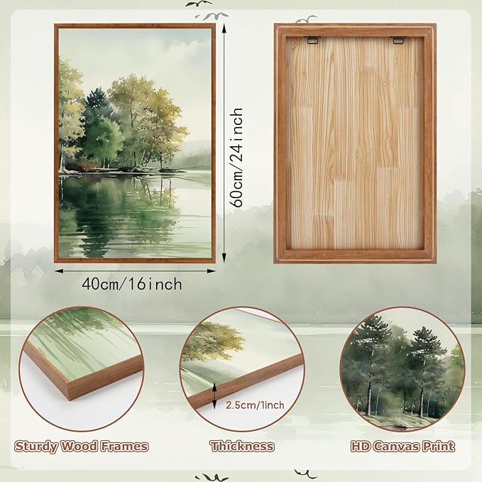 KAIRNE Framed Nature Canvas Wall Art Set,Misty Forest Wall Decor,Green Mountain Forest Pictures,Lake Water Painting set of 3(16”x24”),Landscape Scene Print for Living Room, Bedroom,Gallery Decor-Ruum Studio Home