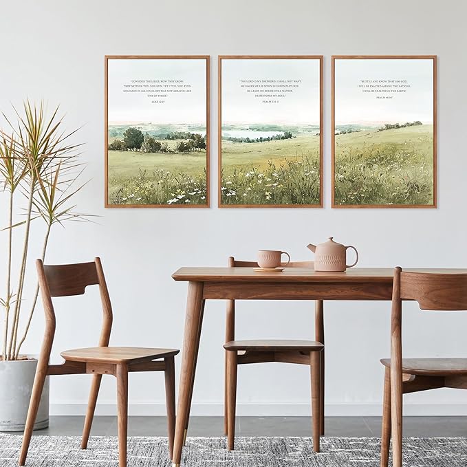 KAIRNE Scripture Christian Canvas Wall Art,Bible Verse Prints Set of 3(16”X24”),Modern Scripture Floral Wall Decor,Framed Green Countryside Field Paintings for Living Room Bedroom Ding Room Decor-Ruum Studio Home