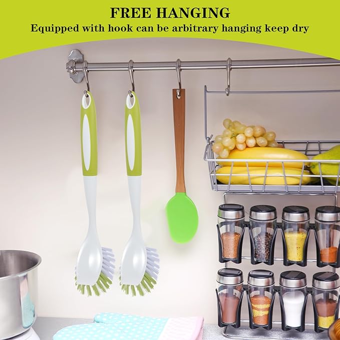 8 Pcs Dish Brush with Handle Kitchen Scrub Brush Pot and Pan Cleaning Brush Dish Scrubber with Stiff PET Bristles for Cookware Sink Washing Household, Green, 11 x 3.1 x 0.98 Inch-Ruum Studio Home