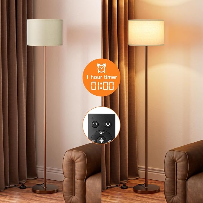 Ambimall Floor Lamps for Living Room with Remote Control and Stepless Dimmable Colors Temperature & Brightness, 9W Bulb Included(Beige Lampshade & Brown Pole)-Ruum Studio Home