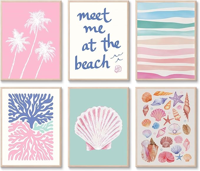 6 Pcs Coastal Beachy Wall Art Tropical Summer Shell Ocean Paintings Prints Posters Trendy Pink Preppy Palm Tree Canvas Wall Decor Aesthetic for Bedroom Living Room Dorm Apartment 8x10inch Unframed-Ruum Studio Home