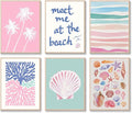 6 Pcs Coastal Beachy Wall Art Tropical Summer Shell Ocean Paintings Prints Posters Trendy Pink Preppy Palm Tree Canvas Wall Decor Aesthetic for Bedroom Living Room Dorm Apartment 8x10inch Unframed-Ruum Studio Home
