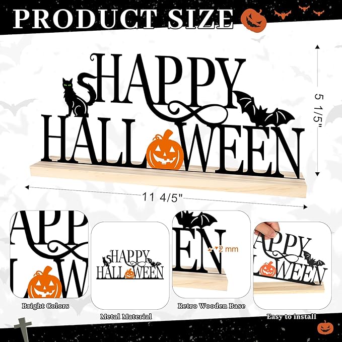 COCHIE Metal Happy Halloween Sign, Black Halloween Decorations for Home, Office, Shelf, Mantel, Indoor, Jack-o-lantern Decoration, Spooky Cat Bat Decor (Halloween)-Ruum Studio Home