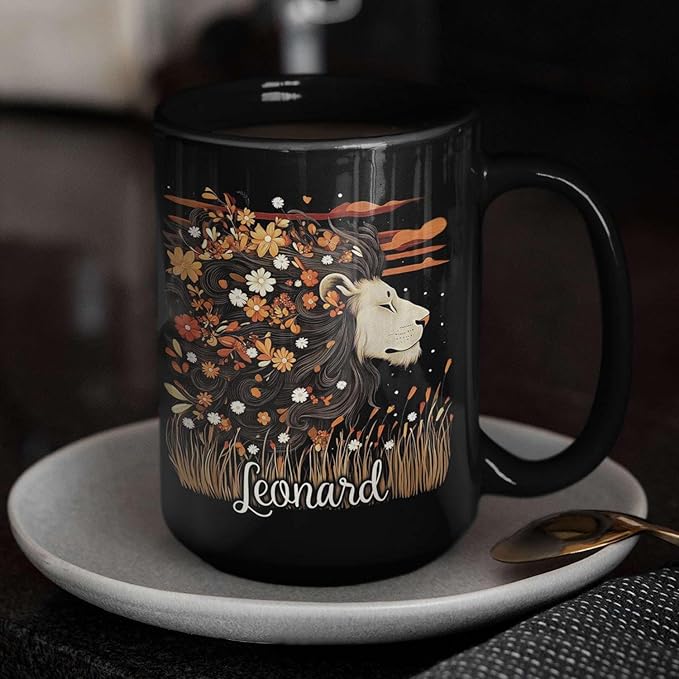 Personalized Lion Lover Cup with Vibrant Floral, Custom Name Coffee Mug 11oz or 15oz, Custom Nature Inspired Ceramic Cup, Artistic Lion Black Coffee Mug, Gifts for Women, Men-Ruum Studio Home