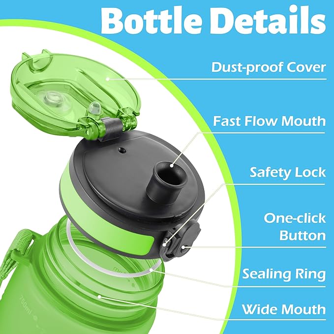 OLDLEY 25 oz Water Bottle, Motivational Water Bottle with Time Marker, Sports Water Bottle With Strap, Leakproof & BPA Free Large Water Bottles for School, Gym, Travel, Outdoor, Tritan,Green&Blue-Ruum Studio Home