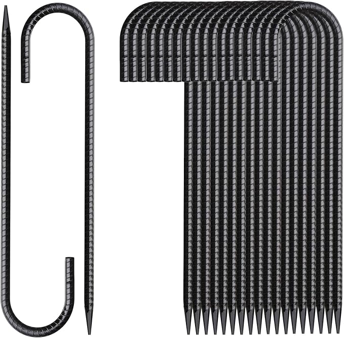 Rebar Stakes 16 Inch 20 Pack J Hook Ground Stakes Heavy Duty Tent Stakes Chain Link Fence Stakes with Chisel Point End Galvanized Steel Ground Anchors Metal Spikes Black Coated-Ruum Studio Home