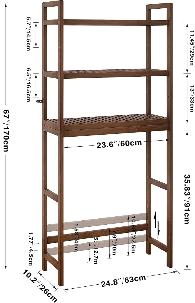 SMIBUY Bathroom Storage Shelf, Bamboo Over-The-Toilet Organizer Rack, Freestanding Toilet Space Saver with 3-Tier Adjustable Shelves (Walnut)-Ruum Studio Home