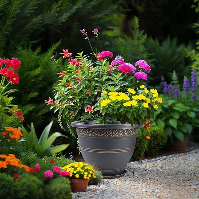 4 Pack 16 Inch Large Plant Pots, Plastic Flower Pot for Indoor & Outdoor with Drainage Holes & Saucer, Plaid Pattern Planters Garden Pots for Herbs Gold-Ruum Studio Home
