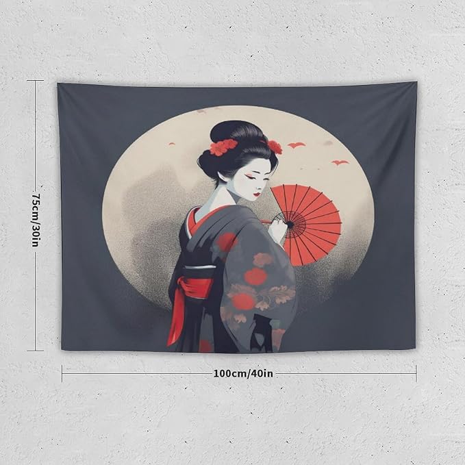 Japanese Woman Geisha Tapestry Asian Red Cherry Blossom Red Sun Traditional Kimono Folk Tapestries Home Decor for Living Room Bedroom Apartment Farmhouse Dorm 40"x30"-Ruum Studio Home