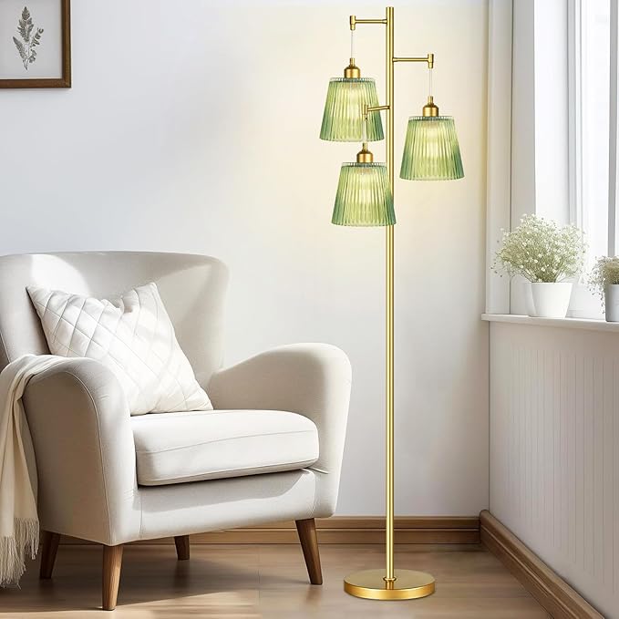 Gold Floor Lamp for Living Room,Bedroom,Mid Century Modern Standing Lamp Brass Tree 3 Light Tall Floor Lamps Vintage Retro Floor Lights Glass Green Flower Lamp Shade Farmhouse Boho Bohemian-Ruum Studio Home
