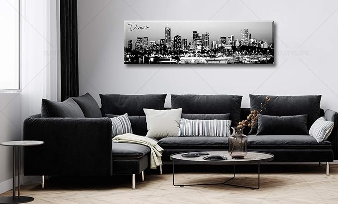 Black and White Wall Art Denver Skyline Cityscape Skyscrapers Canvas Print Painting Landscape USA City Buildings Pictures Modern Artwork for Man Room Office Living Room Decoration 13.8"x47.3"-Ruum Studio Home