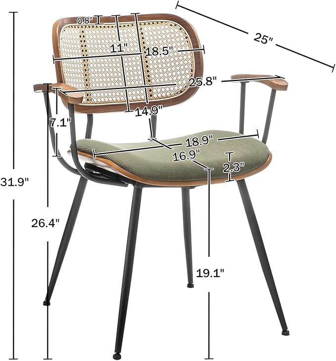 Rattan Dining Room Chairs Set of 2,Mid Century Modern Kitchen Side Chairs,Metal Legs Desk Chairs,Green Modern Corduroy Fabric Accent Chairs with Arms and Rattan Backrest-Ruum Studio Home