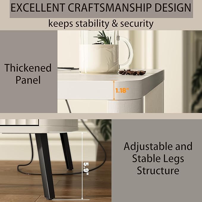 Nightstand Set of 2 with Charging Station, 24" End Table Side Table with Open Shelf, Modern Large Wood Fluted Bedside Cabinet for Bedroom, Living Room, White-Ruum Studio Home