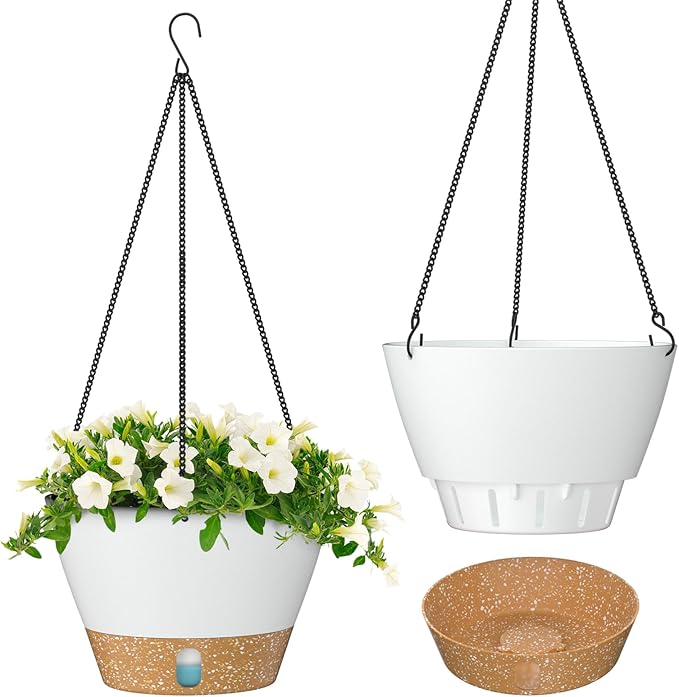 ZMTECH 8 Inch Hanging Planters for Indoor Plants, Hanging Baskets for Plants Outdoor with Visible Water Level, Hanging Flower Pots with Drainage Holes & Removable Tray(2 Pack, White)-Ruum Studio Home