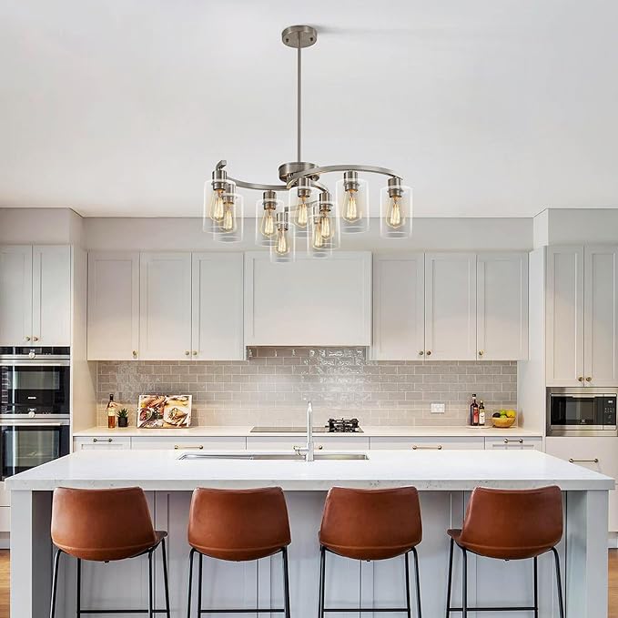 9-Light Brushed Nickel Glass Chandelier, Adjustable Height Hanging Industrial Dining Room Chandelier Over Table, Modern Farmhouse Chandelier for Kitchen Island Living Room Entryway Bedroom-Ruum Studio Home