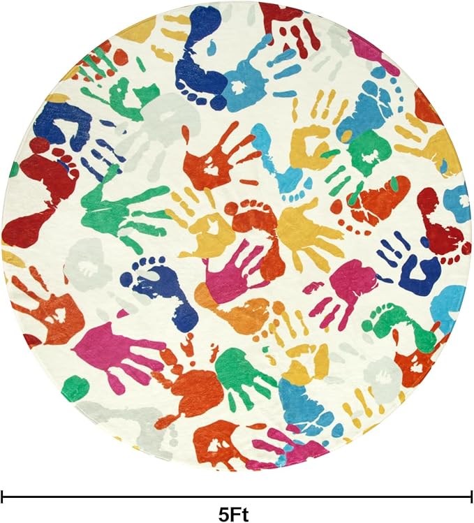 STARUIA Colorful Round Kids Rug 5 Ft, Machine Washable Rug for Playroom, Non-Slip Circle Rugs for Classroom, Soft Circular Carpet Handprints and Footprints Play Mat for Nursery Bedroom Preschool-Ruum Studio Home