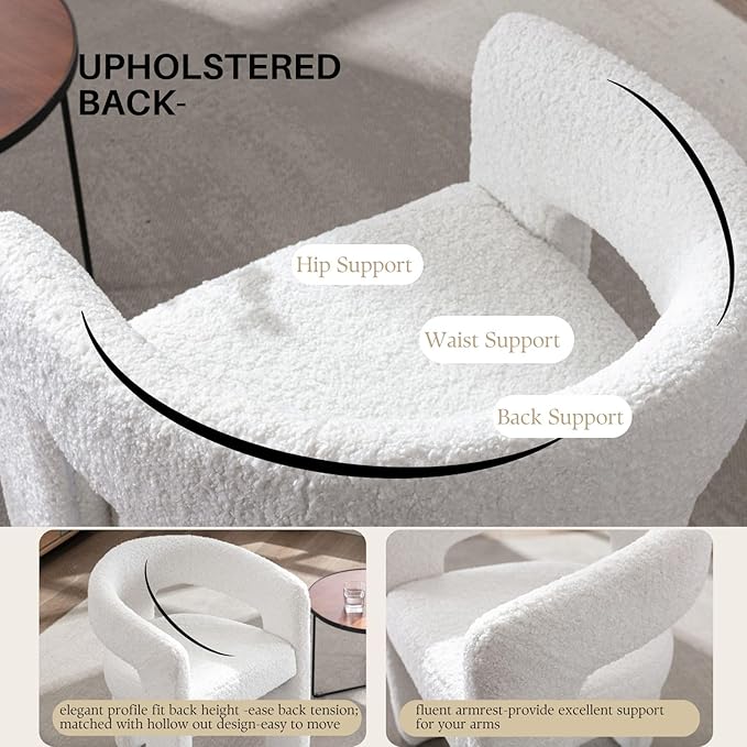 White Boucle Dining Chairs Set of 2, Modern Barrel Dining Room Chairs Upholstered Faux Fur Accent Chair with Arms and Round Back for Living Room Kitchen Armchair No Assembly Needed-Ruum Studio Home