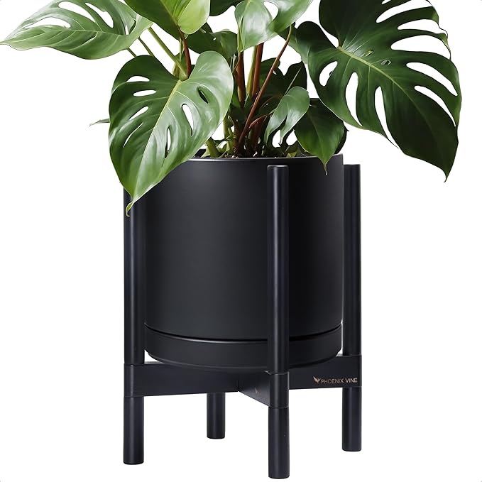 D'vine Dev Ceramic Planter with Ebony Stand - 12 Inch Modern Round Flower Pot with Wood Planter Holder, Black, 55-B-H-2-Ruum Studio Home