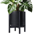 D'vine Dev Ceramic Planter with Ebony Stand - 12 Inch Modern Round Flower Pot with Wood Planter Holder, Black, 55-B-H-2-Ruum Studio Home