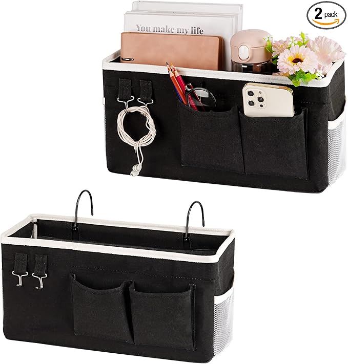 Bedside Storage Caddy/Bedside Hanging Storage Bag for Headboards Bunk Beds Dorm Rooms Book Phone Magazine Holder (2PC Black)-Ruum Studio Home