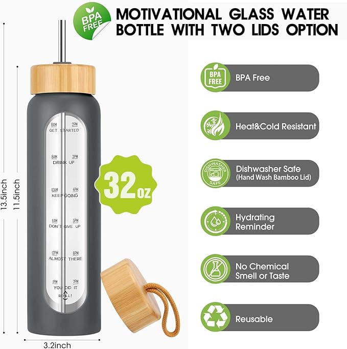 32 oz Glass Water Bottle with Straw - Motivational Time Marker & Silicone Sleeve - Reusable Tumbler Includes 2 Bamboo Lids & Fruit Infuser - 1 Pack-Ruum Studio Home