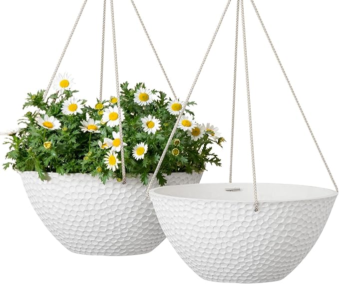 LA JOLIE MUSE Hanging Planters for Outdoor Plants, Large Hanging Planter with Drain Holes, Outdoor Hanging Flower Pots, White Stone, Honeycomb (13.2 Inch, Set of 2)-Ruum Studio Home
