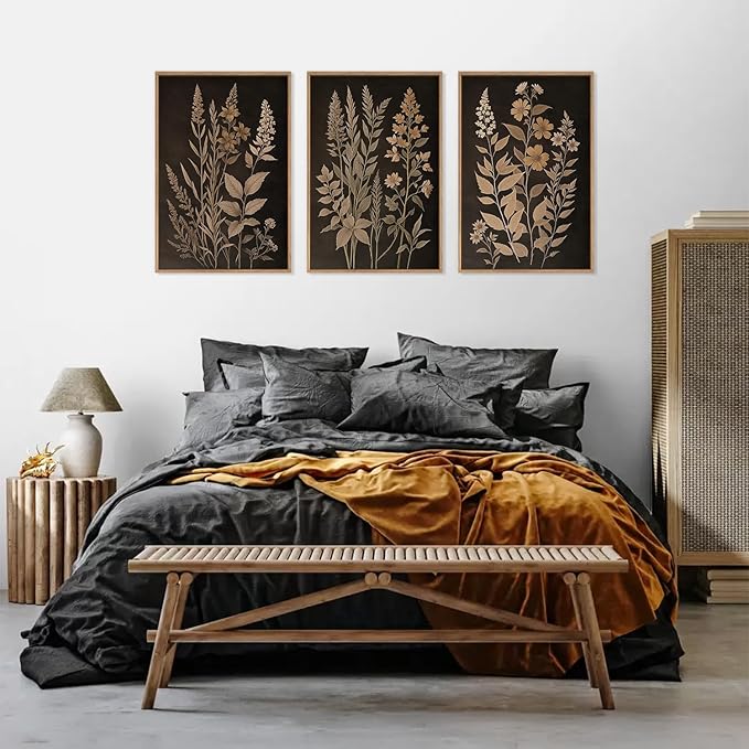 HLNIUC Vintage Botanical Fern Framed Canvas Wall Art Set,Black and Tan Plant Leaf Wall Decor,Netural Minimalist Herb Floral Art Print,Modern Farmhouse Wall Painting for Living Room,Bedroom - 16”x24”x3-Ruum Studio Home