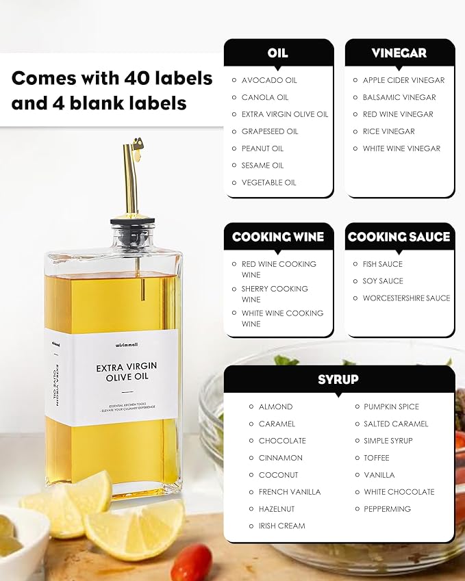 Olive Oil Dispenser For Kitchen, Glass Oil Bottle 500ML Oil And Vinegar Dispenser Set Of 2, Cooking Oil Dispenser With 2 Stainless Steel Pourers & 44 Labels, Soy Sauce Dispenser, Coffee Syrup Bottles-Ruum Studio Home