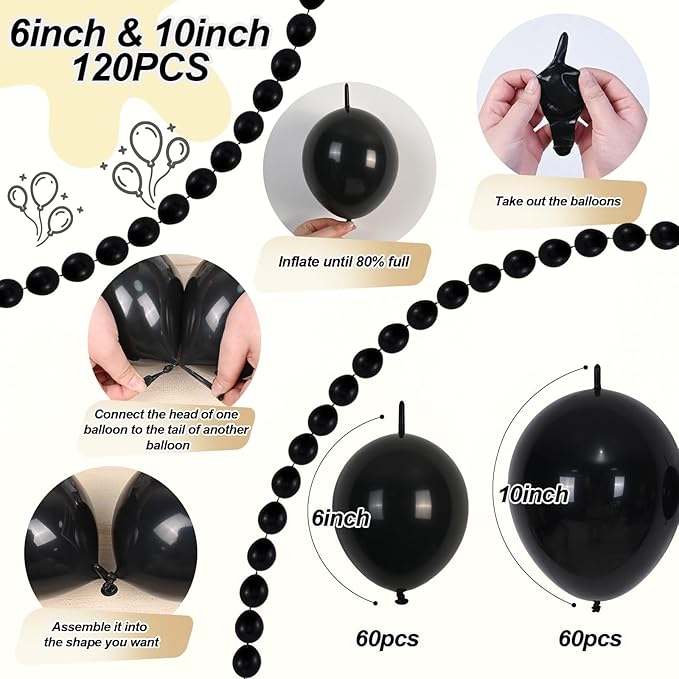 Black Linking Balloons, 120PCS Linked Balloon with Tail for Balloon Wall Arch and Chains, Quick Linkable Balloons for Wedding Birthday Baby Shower Engagement Graduation Party Decorations (6+10inch)-Ruum Studio Home
