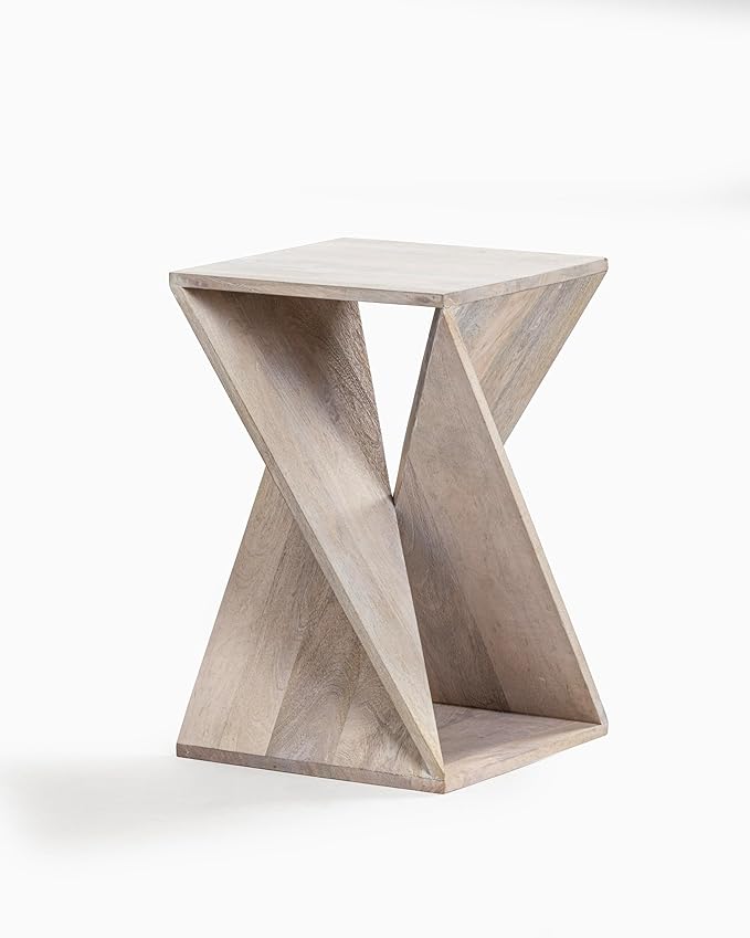 Modern Hand Made One-of-a-Kind Carved Mango Wood End Table, Farmhouse Side Table,Farmhouse End Table,Living Room,Bedroom, Accent Table, Contemporary Architectural Designed Whitewash,Assembled-Ruum Studio Home