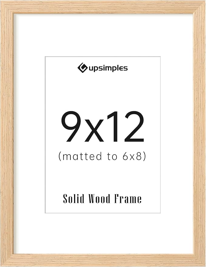 upsimples 9x12 Frame, Natural Solid Wooden Picture Frames, Display 6x8 with Mat or 9 x 12 Without Mat, Wall or Tabletop, 1 Pack, Natural-Ruum Studio Home