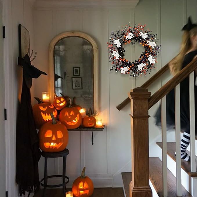 20-Inch Halloween Wreath - Handmade Orange & Black Berry Wreath with Adorable Mini Ghosts, Spooky Front Door Decor for Halloween Party-Ruum Studio Home