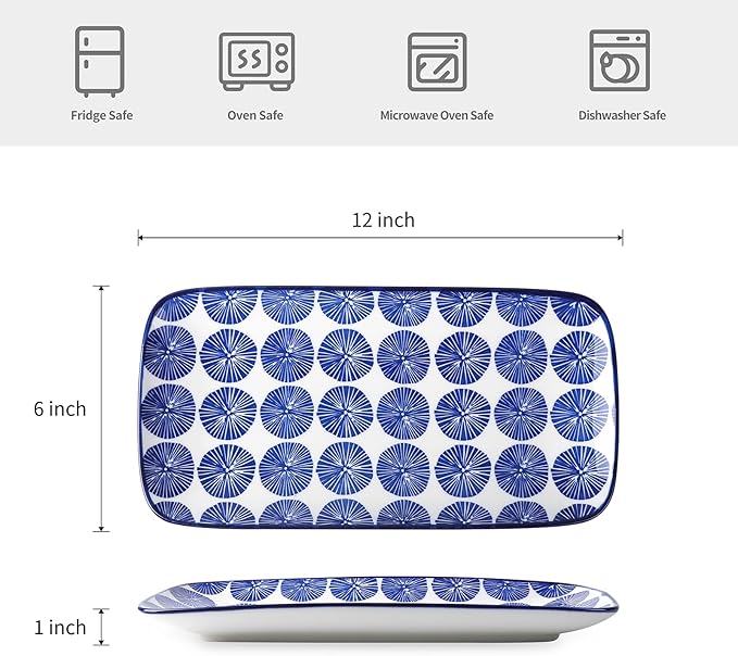 Selamica Ceramic Rectangular Serving Platters Set of 4, 12 Inch Serving Trays/Dishes for Party Entertaining, Rectangular Dinner Plates for Appetizer Salad Dessert Sushi, Vintage Blue-Ruum Studio Home